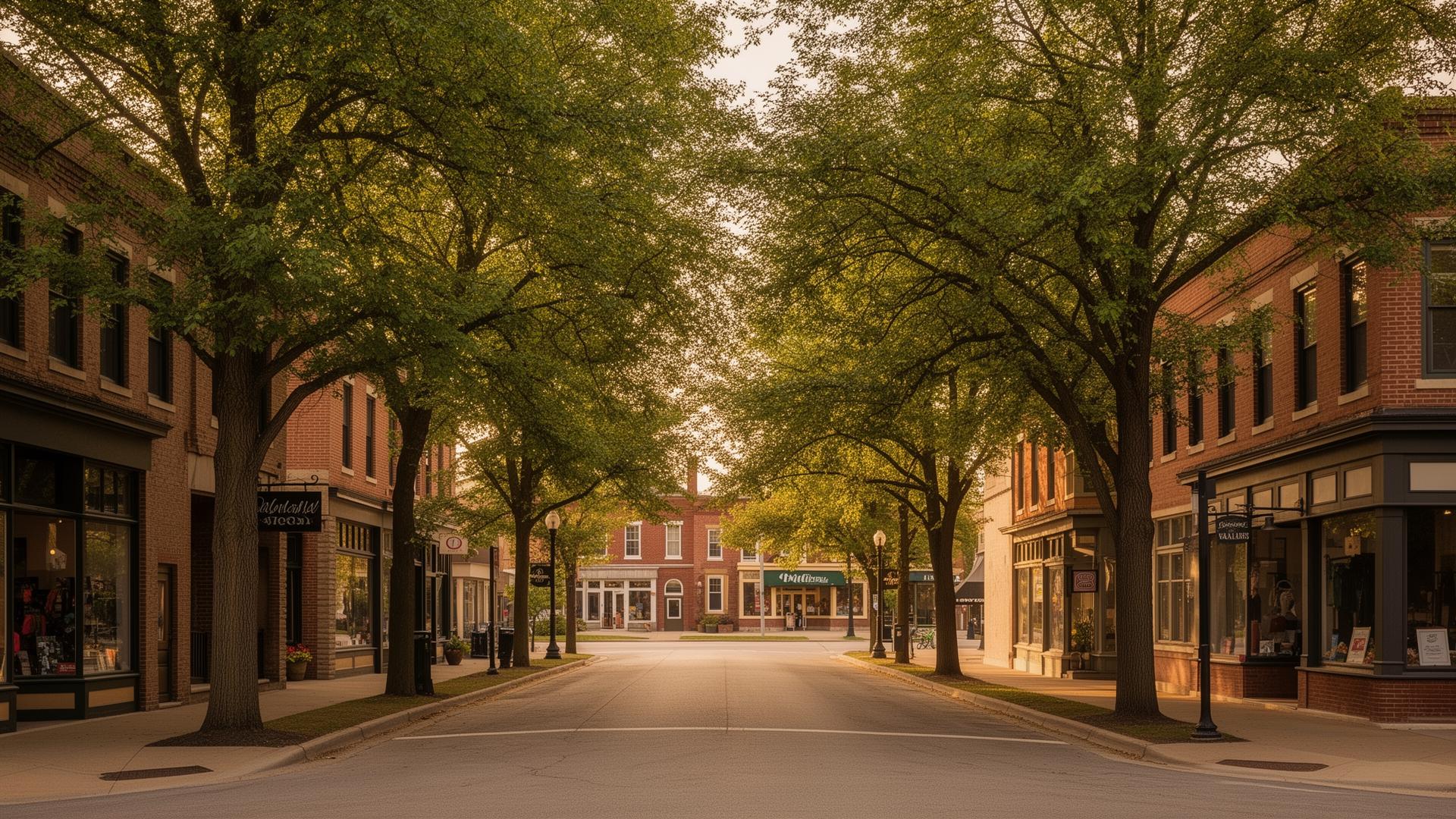 Downtown Arlington Heights, Illinois (60004) — tree-lined Main Street with brick storefronts