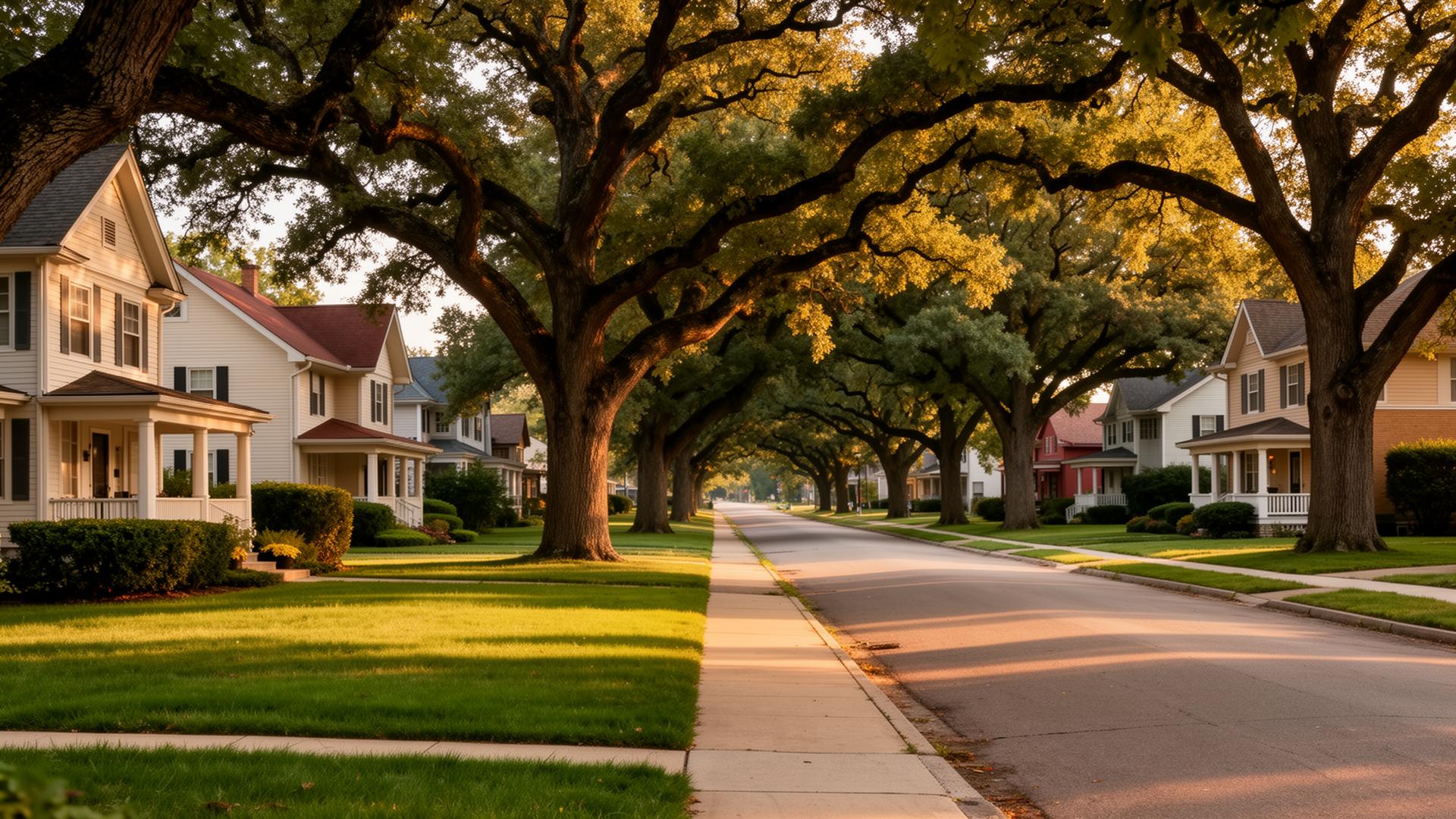 Tree-lined Arlington Heights neighborhood at golden hour