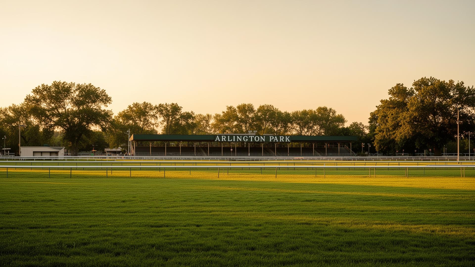 Historic Arlington Park grounds at golden hour